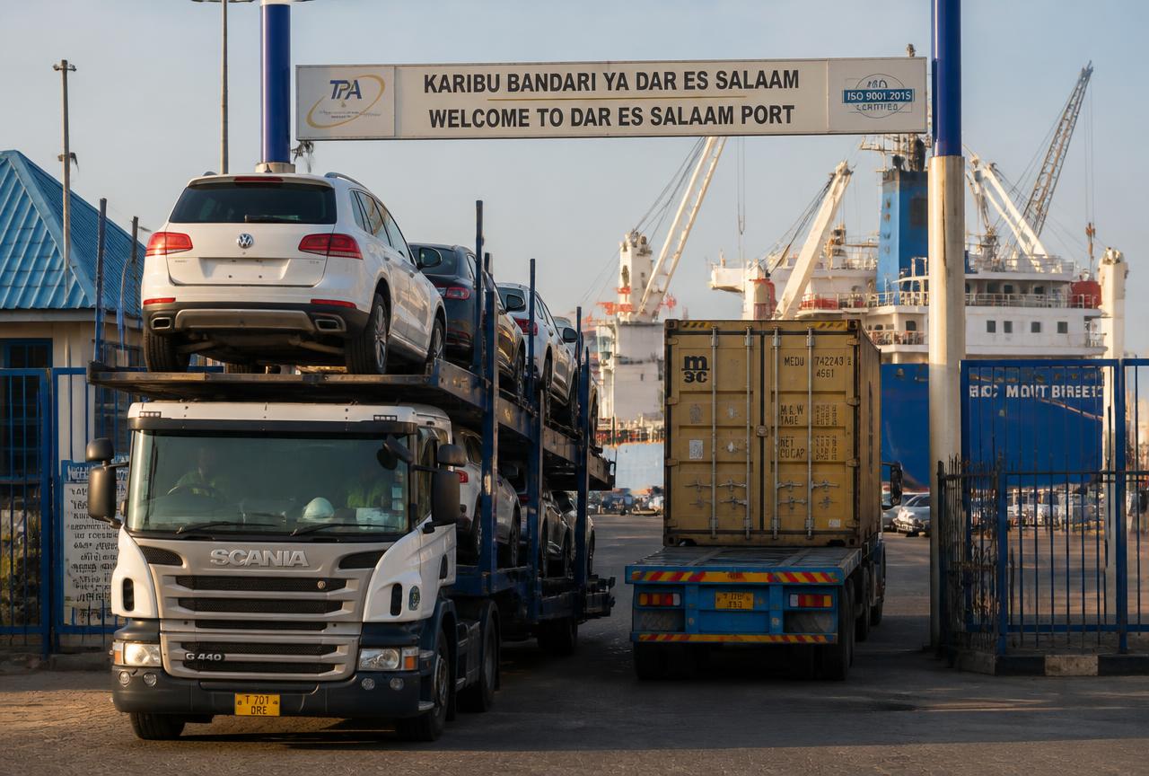 Car carrier and container truck leaving Dar es Salaam Port gate for an inland depot